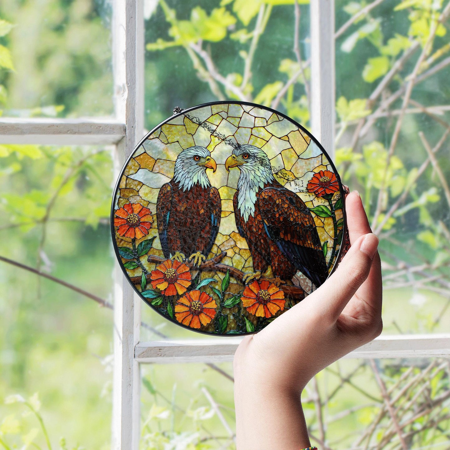 Two bald eagles and zinnias stained glass style eagle suncatcher gift for nature dad