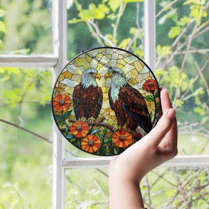Two bald eagles and zinnias stained glass style eagle suncatcher gift for nature dad