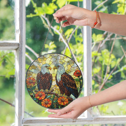 Two bald eagles and zinnias stained glass style eagle suncatcher gift for nature dad