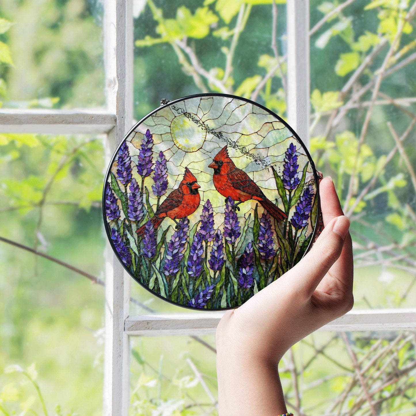 two cardinals with lavender garden round stained glass suncatcher birthday gift for bird lovers