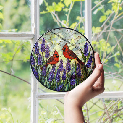 two cardinals with lavender garden round stained glass suncatcher birthday gift for bird lovers
