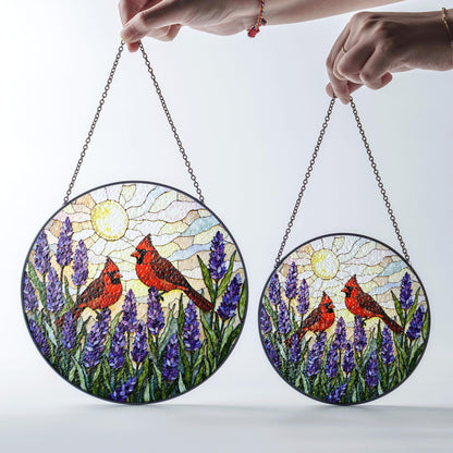 two cardinals with lavender garden round stained glass suncatcher birthday gift for bird lovers