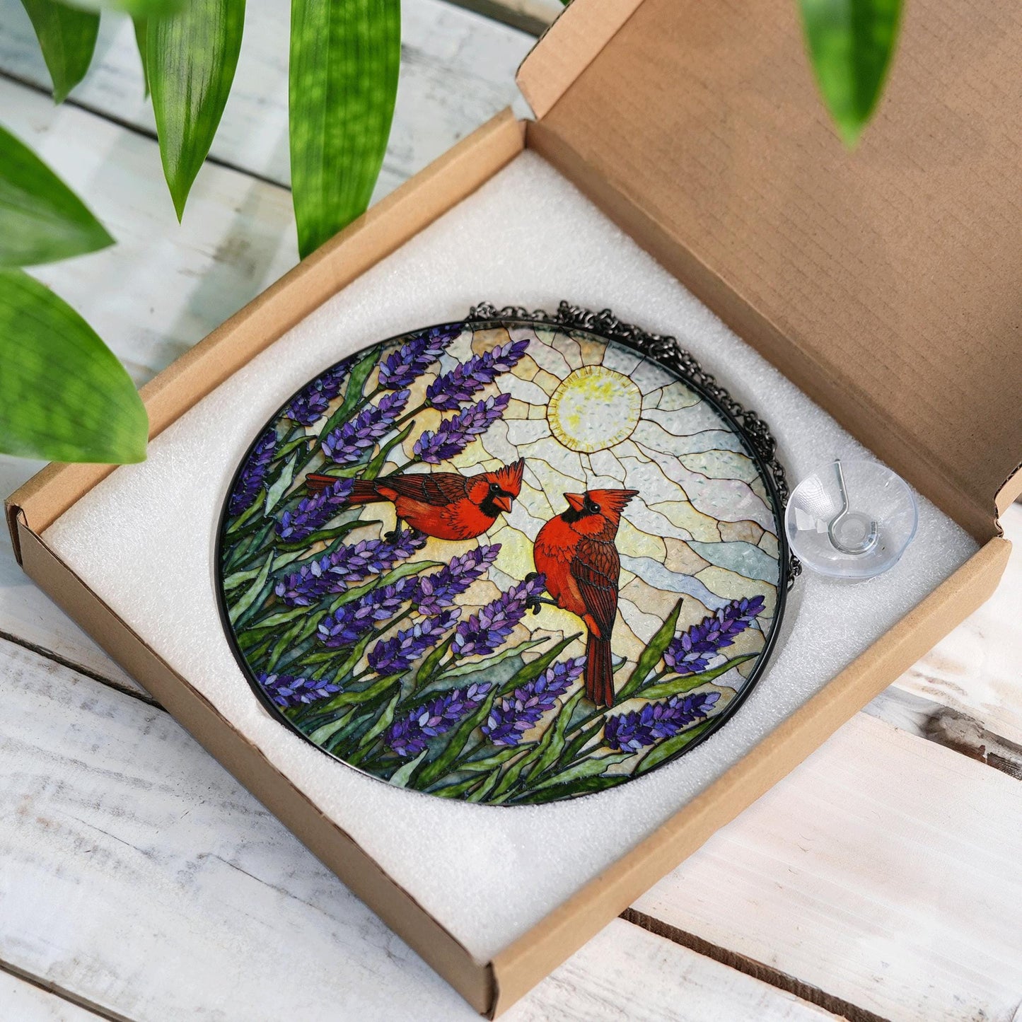 two cardinals with lavender garden round stained glass suncatcher birthday gift for bird lovers