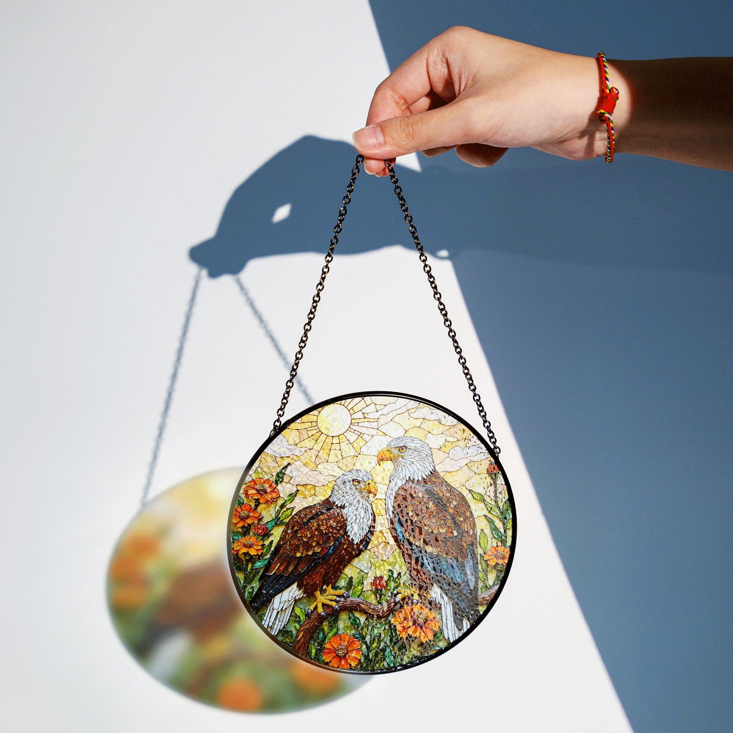 bald eagles perched among orange flowers round stained glass suncatcher gift for dad