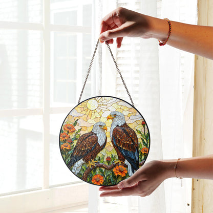 bald eagles perched among orange flowers round stained glass suncatcher gift for dad