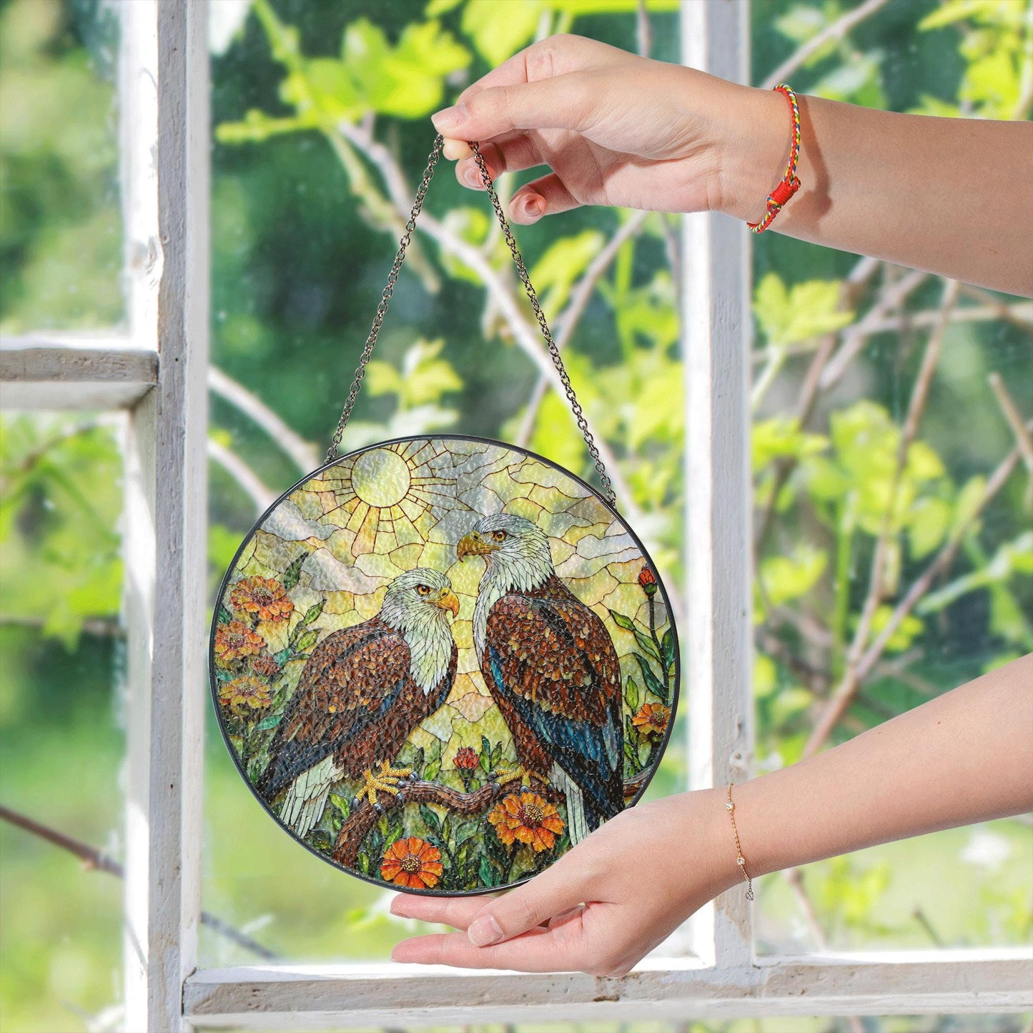 bald eagles perched among orange flowers round stained glass suncatcher gift for dad