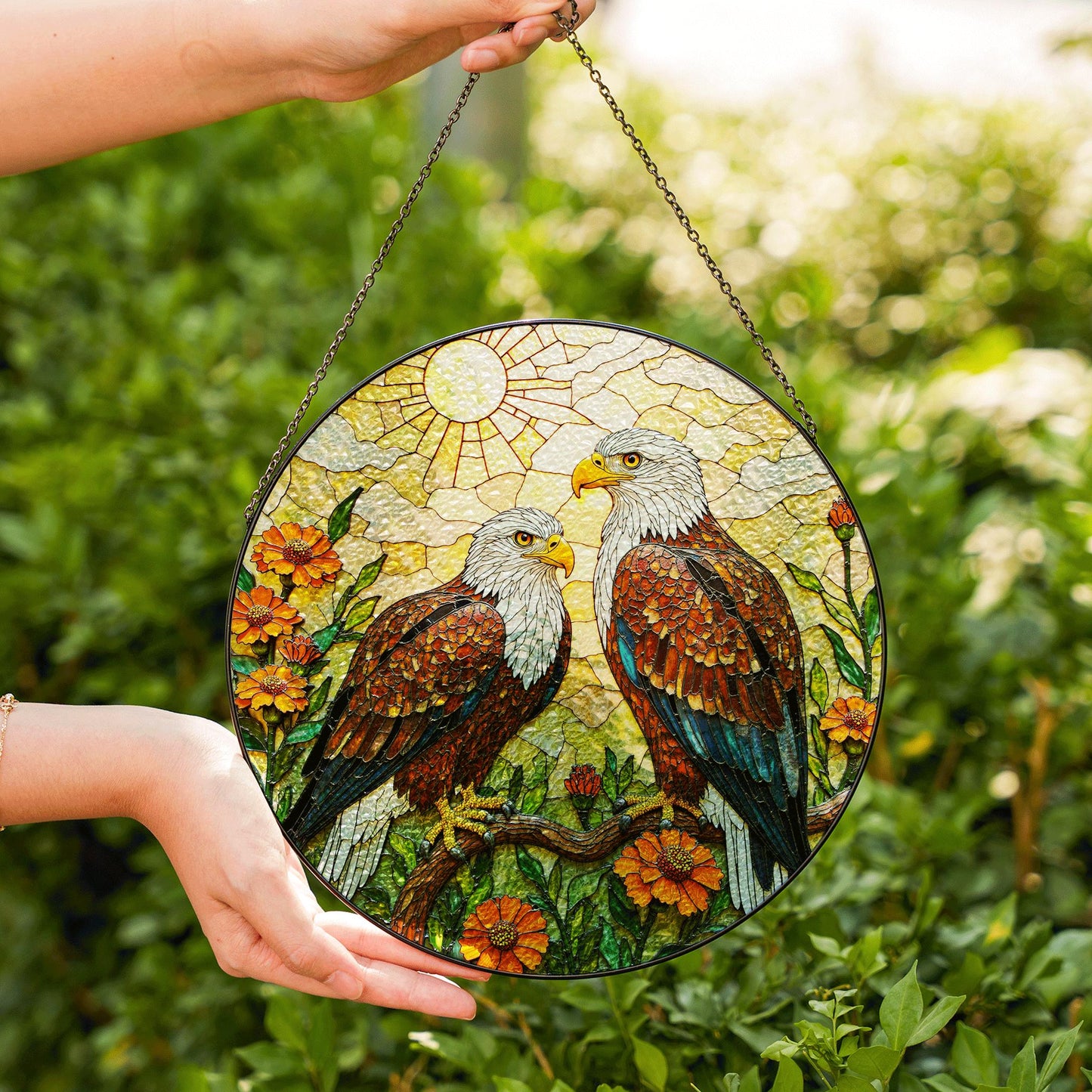 bald eagles perched among orange flowers round stained glass suncatcher gift for dad