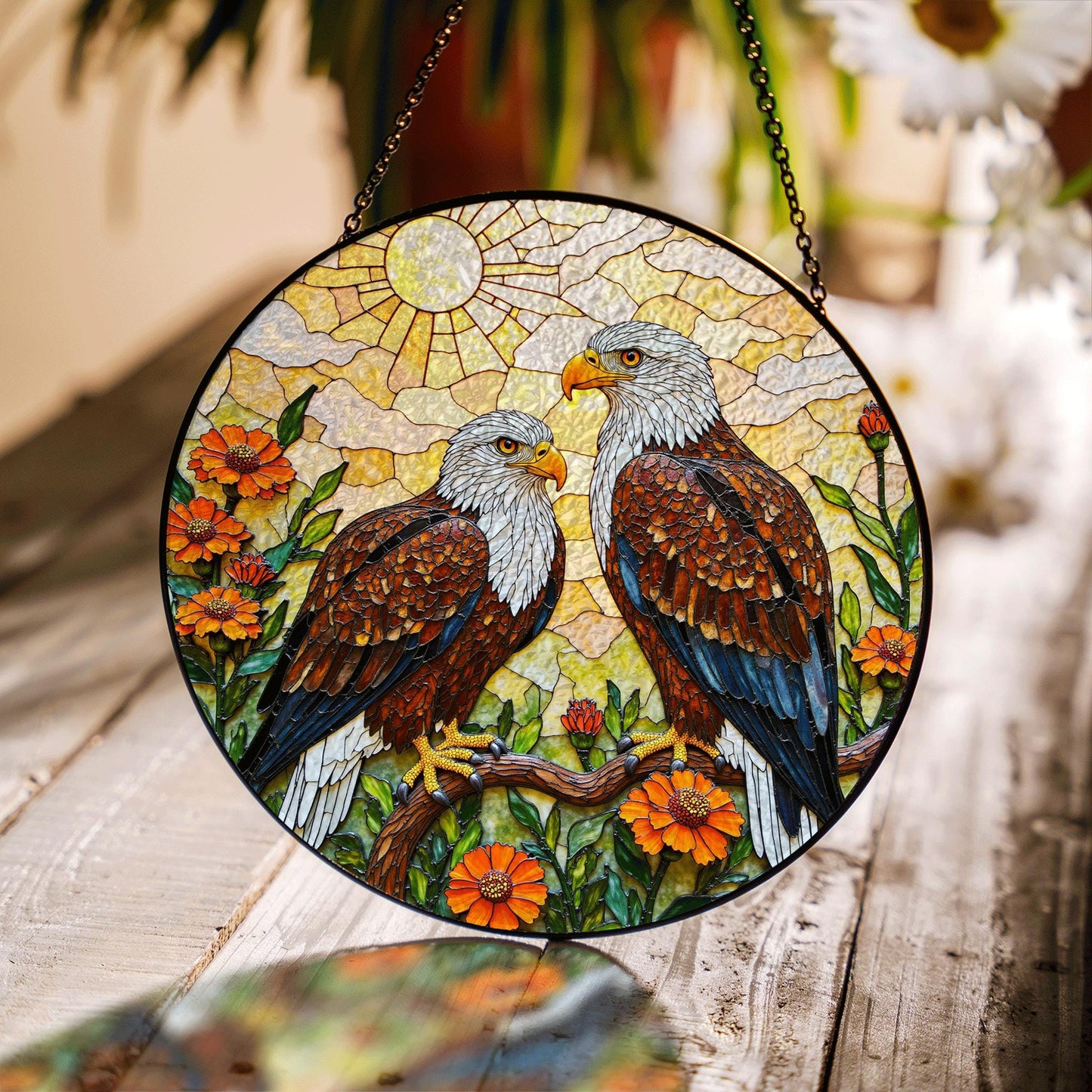 bald eagles perched among orange flowers round stained glass suncatcher gift for dad