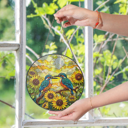 Two kingfishers on sunflower branch stained glass suncatcher bird window decor gift