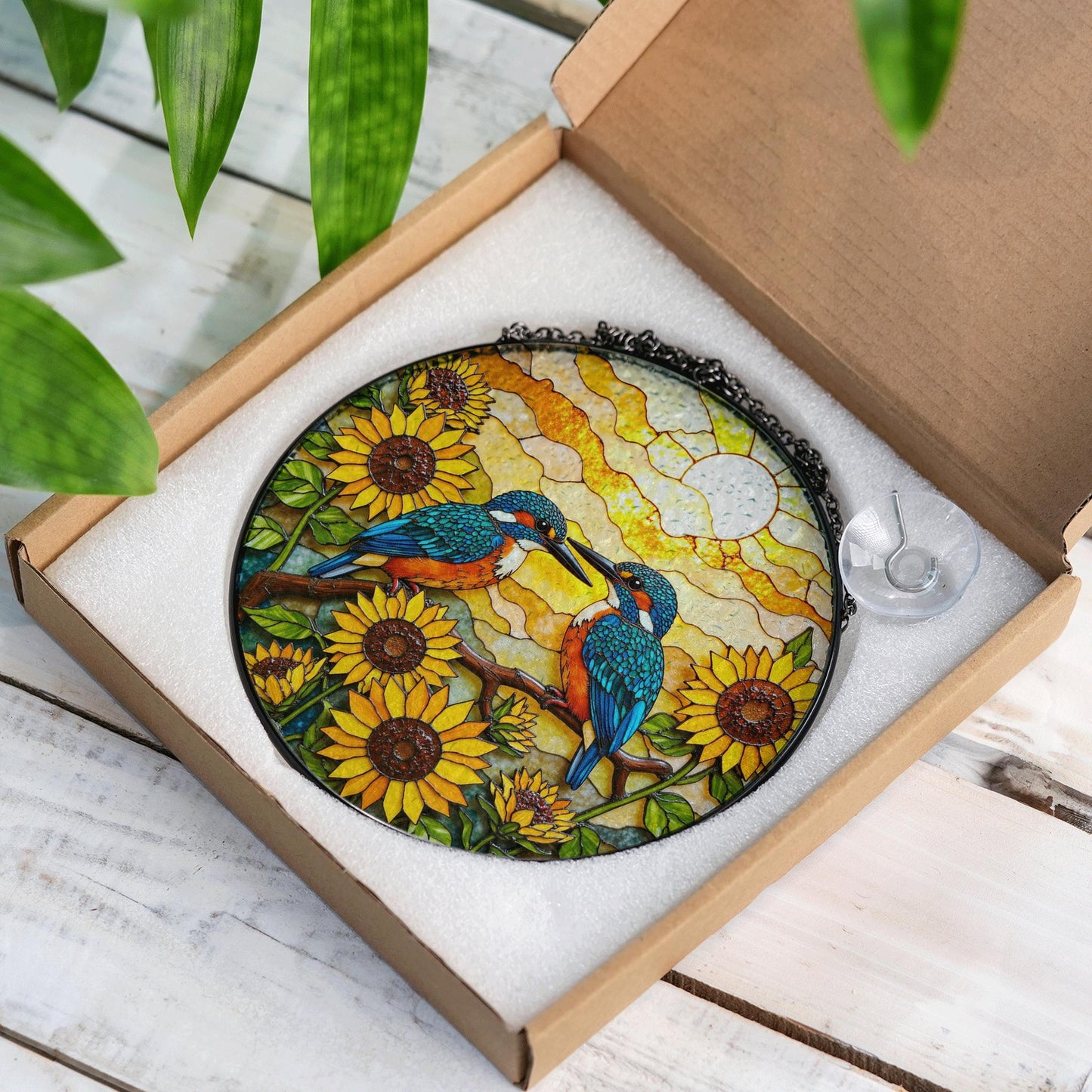 Two kingfishers on sunflower branch stained glass suncatcher bird window decor gift