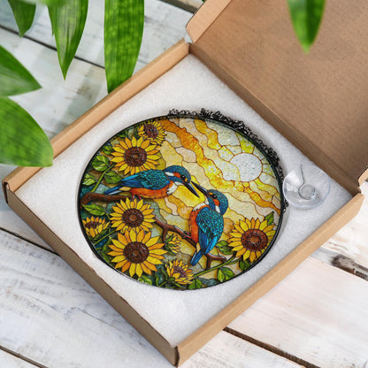 Two kingfishers on sunflower branch stained glass suncatcher bird window decor gift