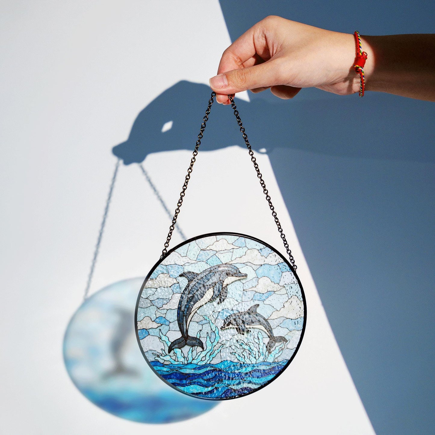 jumping dolphins over ocean waves stained glass suncatcher ocean window decor gift for ocean lover