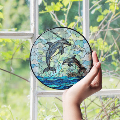 jumping dolphins over ocean waves stained glass suncatcher ocean window decor gift for ocean lover