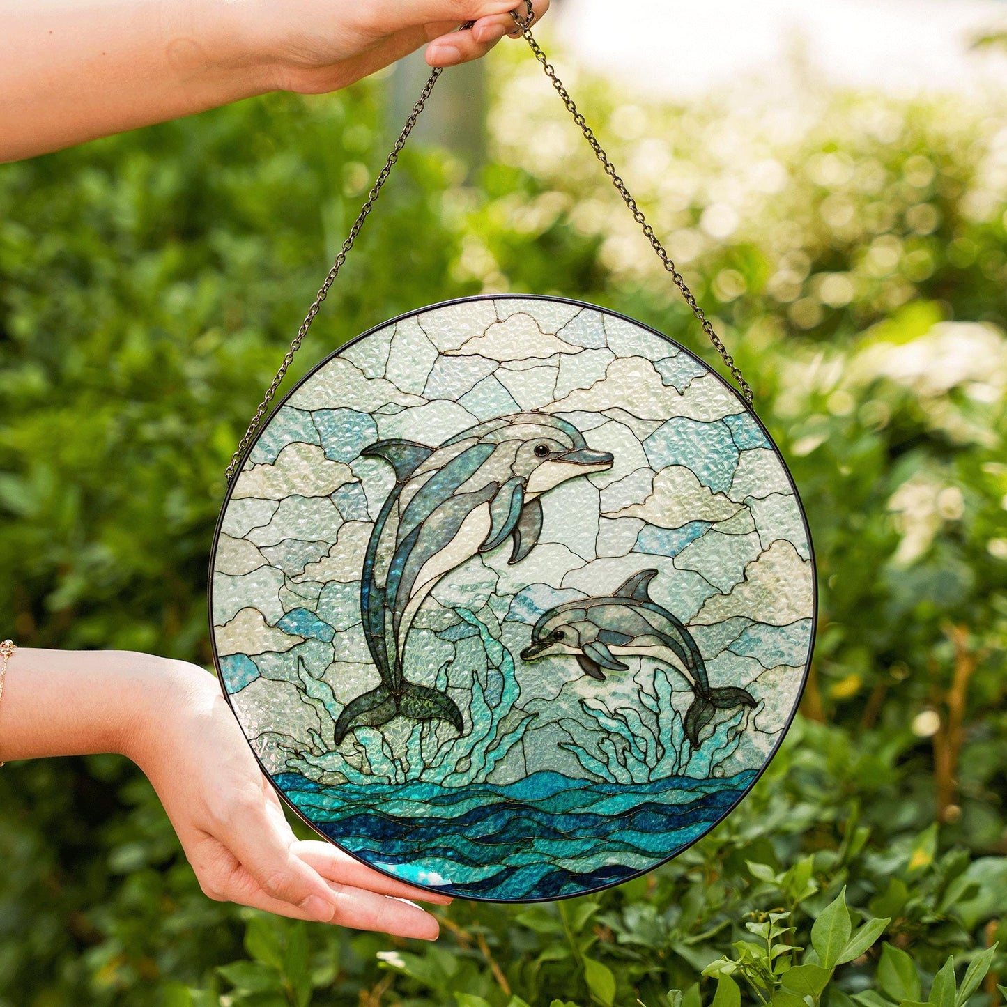 jumping dolphins over ocean waves stained glass suncatcher ocean window decor gift for ocean lover