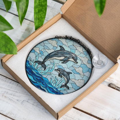 jumping dolphins over ocean waves stained glass suncatcher ocean window decor gift for ocean lover