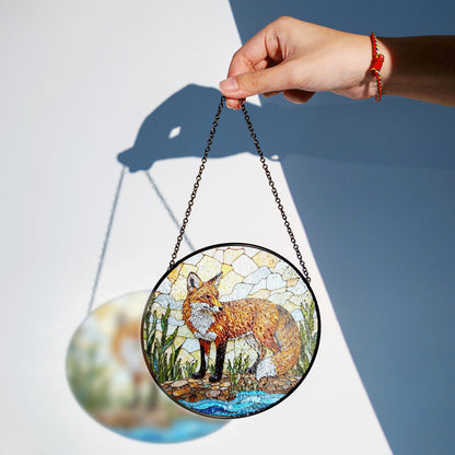 vivid red fox in forest stained glass suncatcher woodland animal window decor birthday gift for nature lover