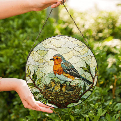 robin feeding nestlings stained glass suncatcher nature window art gift for mom or bird lover