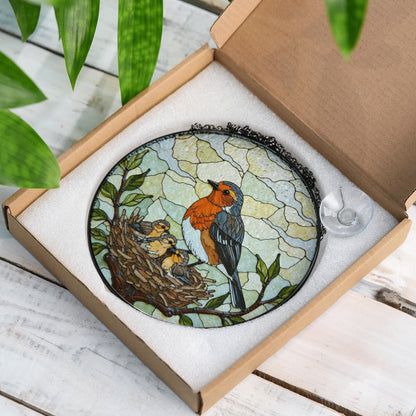 robin feeding nestlings stained glass suncatcher nature window art gift for mom or bird lover