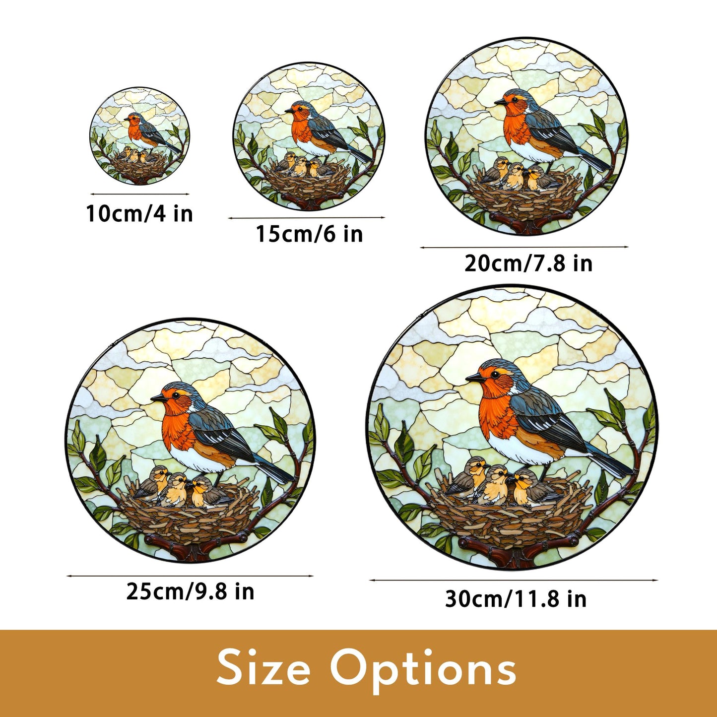 robin feeding nestlings stained glass suncatcher nature window art gift for mom or bird lover