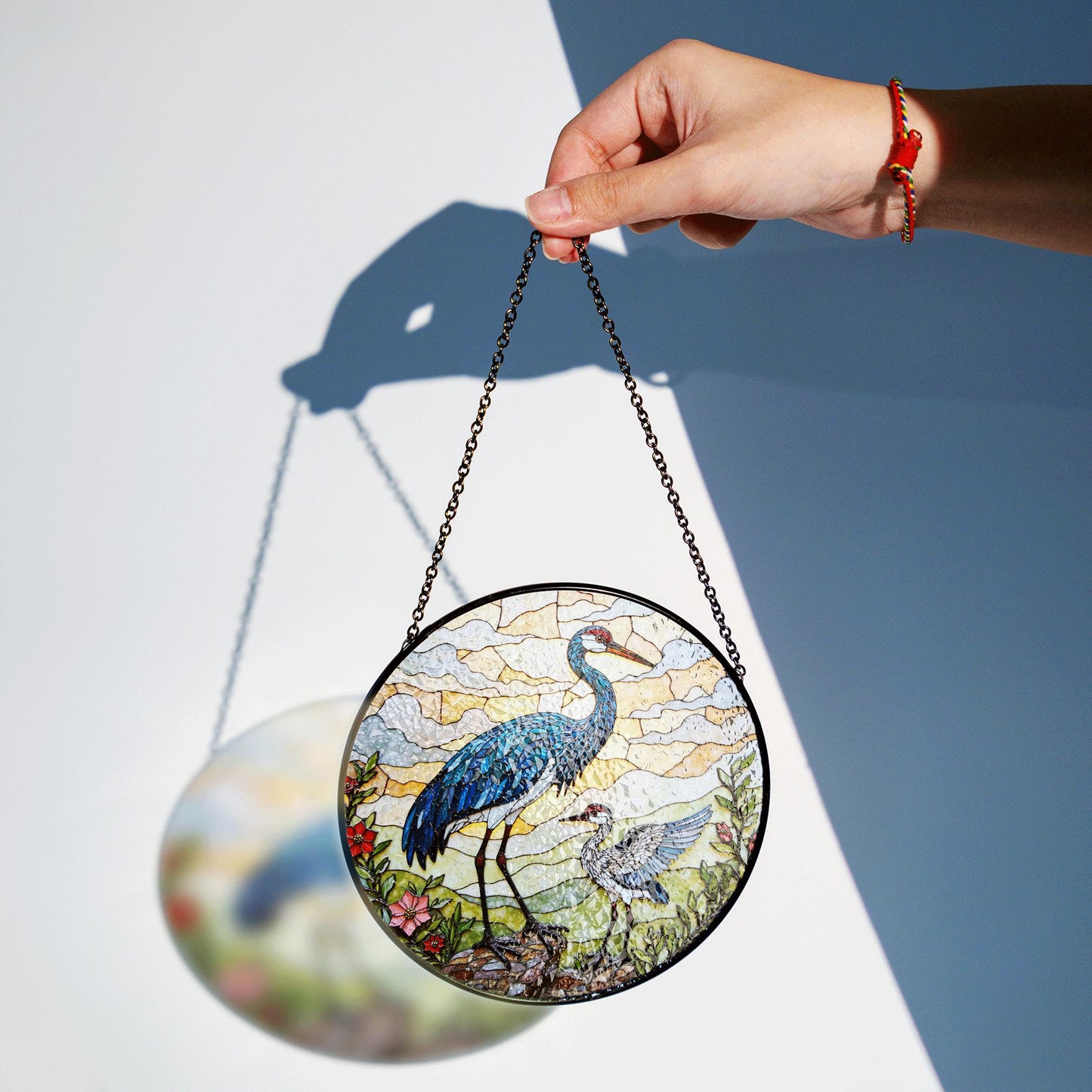 crane and chick standing in meadow stained glass suncatcher bird window decor gift for mom or nature lover