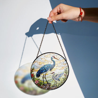crane and chick standing in meadow stained glass suncatcher bird window decor gift for mom or nature lover