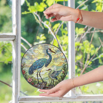 crane and chick standing in meadow stained glass suncatcher bird window decor gift for mom or nature lover