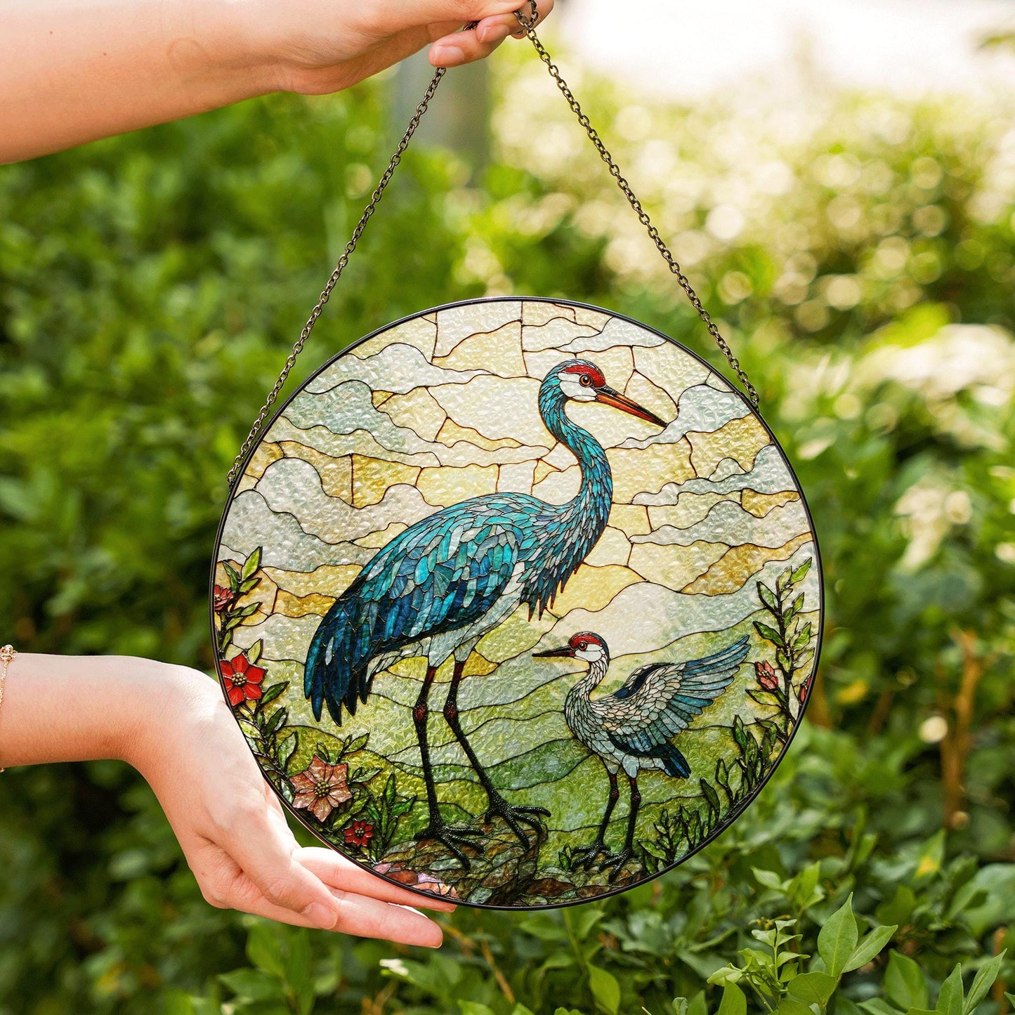 crane and chick standing in meadow stained glass suncatcher bird window decor gift for mom or nature lover