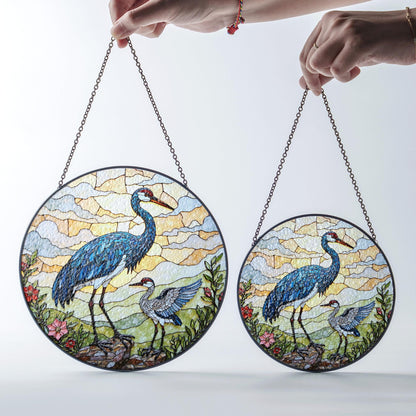 crane and chick standing in meadow stained glass suncatcher bird window decor gift for mom or nature lover