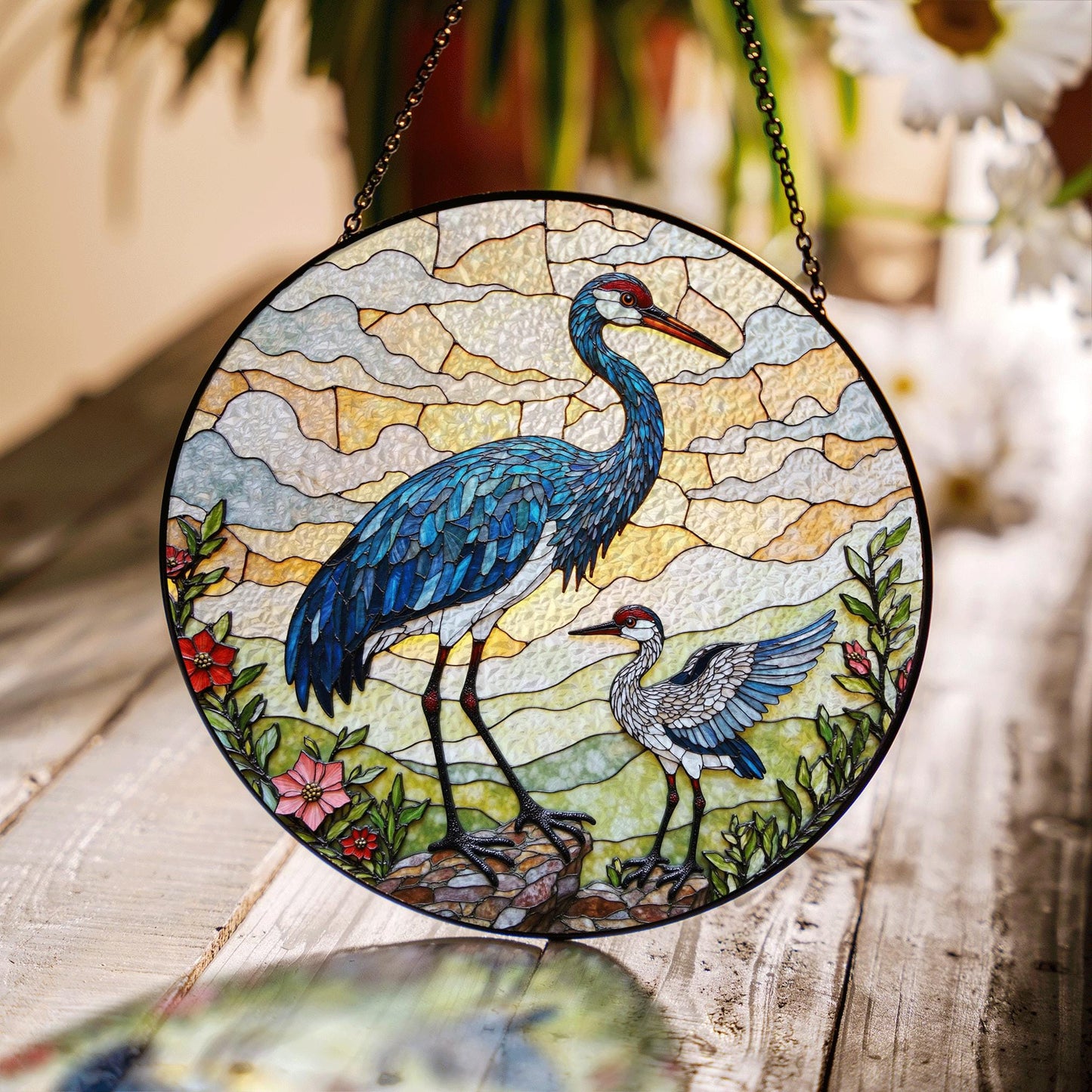 crane and chick standing in meadow stained glass suncatcher bird window decor gift for mom or nature lover