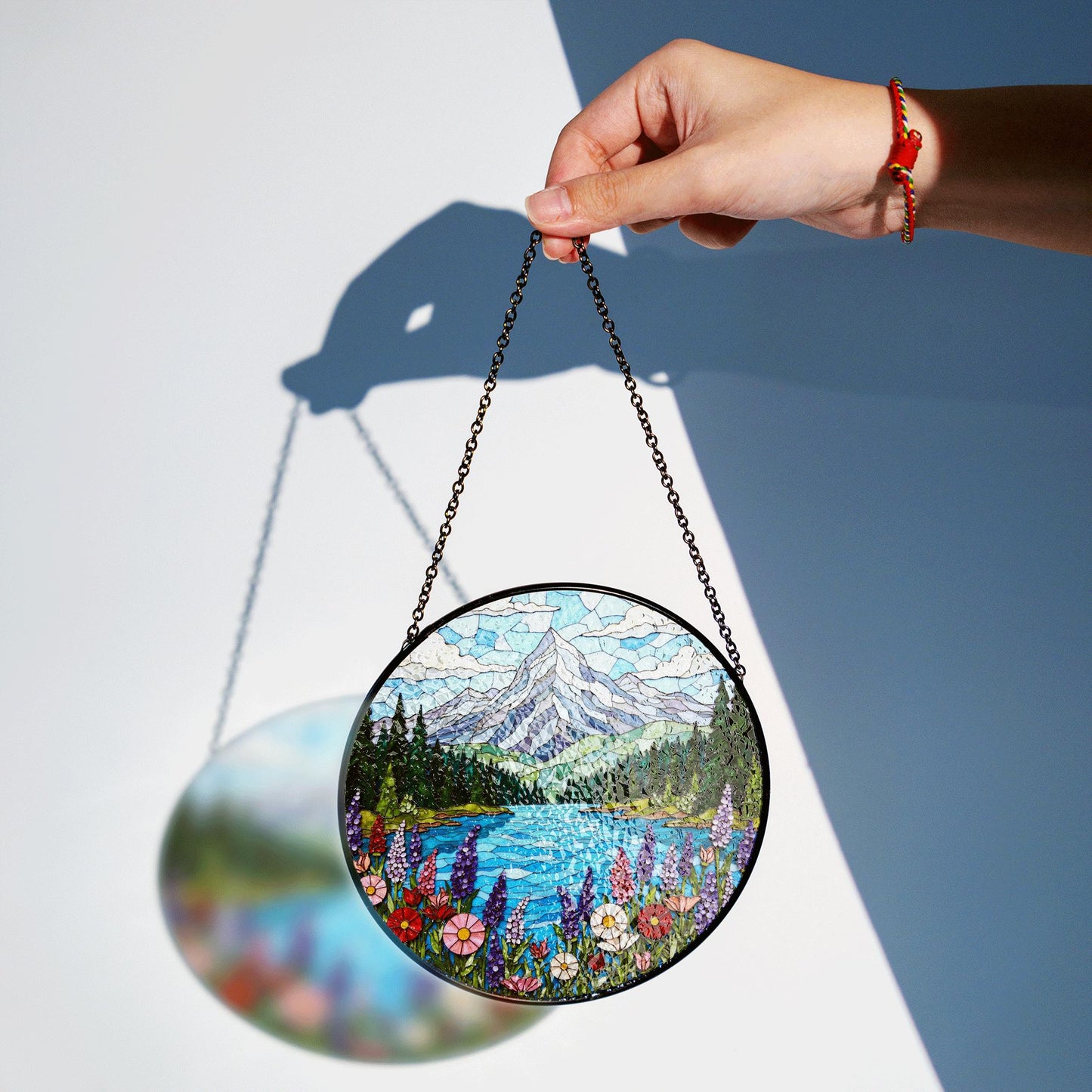 Mountain Lake View Suncatcher Stained Glass Style Window Decor Gift for Nature Lovers