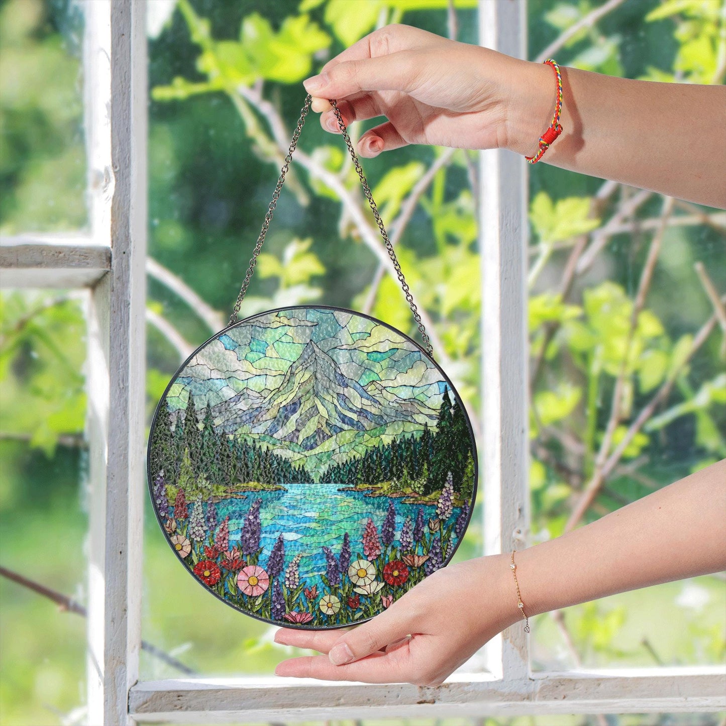 Mountain Lake View Suncatcher Stained Glass Style Window Decor Gift for Nature Lovers