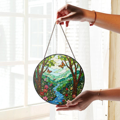 Butterfly Forest River View Nature Suncatcher Glass Window Art Gift for Nature Lovers