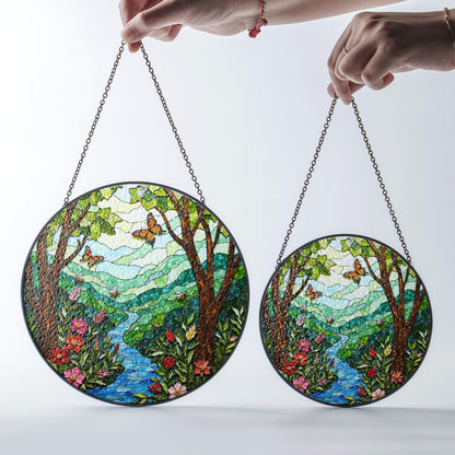 Butterfly Forest River View Nature Suncatcher Glass Window Art Gift for Nature Lovers