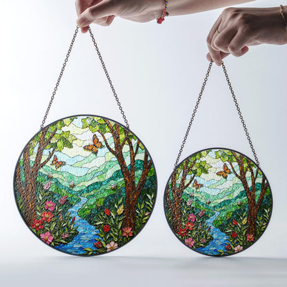 Butterfly Forest River View Nature Suncatcher Glass Window Art Gift for Nature Lovers