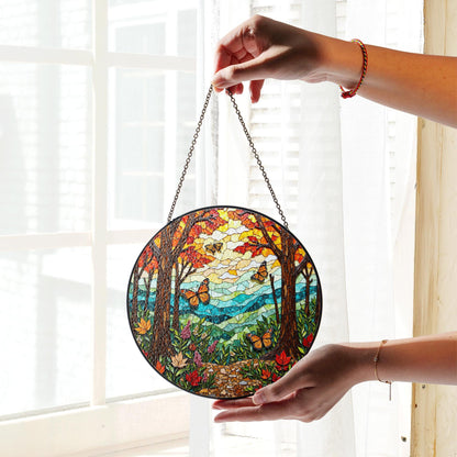 monarch butterfly forest path suncatcher vibrant stained glass decor for nature lover gift
