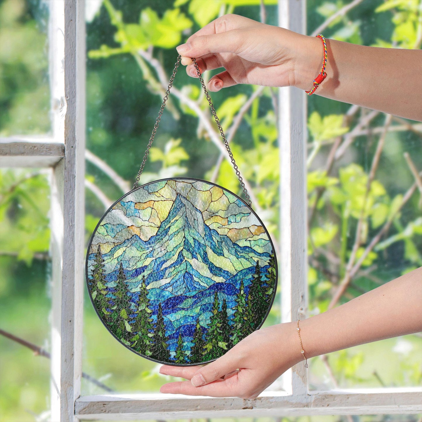Mountain Pine Forest Scene Stained Glass Suncatcher Gift for Nature Lover