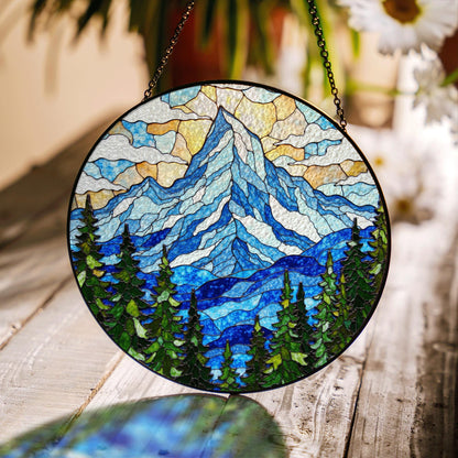 Mountain Pine Forest Scene Stained Glass Suncatcher Gift for Nature Lover