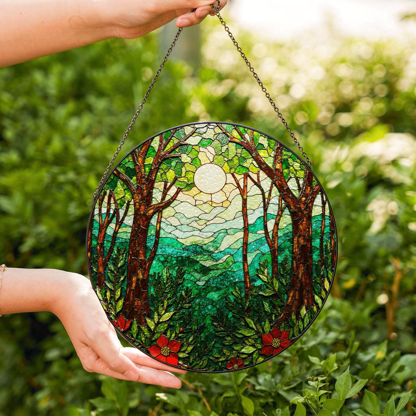 Forest Sun Mountain Scene Suncatcher Window Gift for Mom
