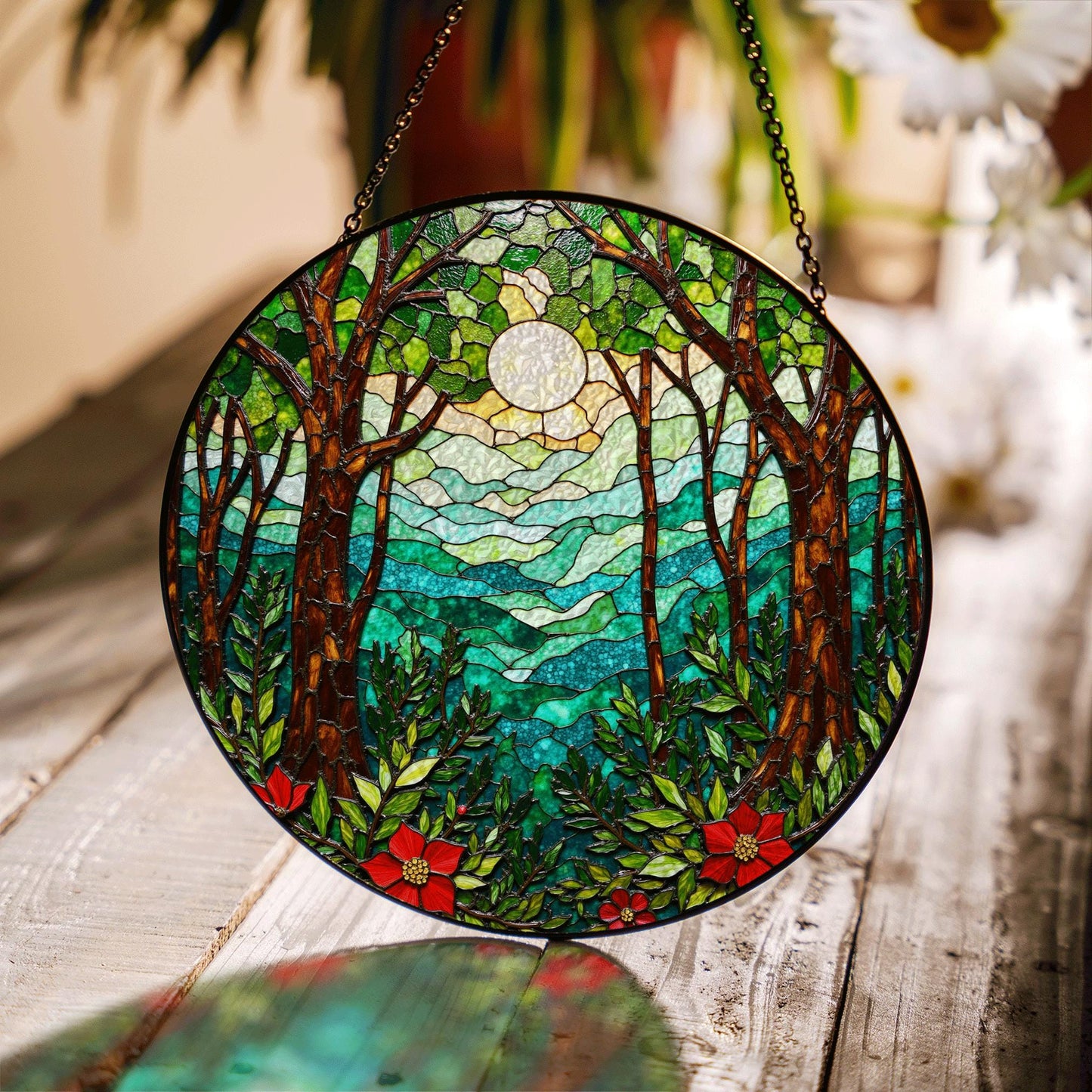 Forest Sun Mountain Scene Suncatcher Window Gift for Mom