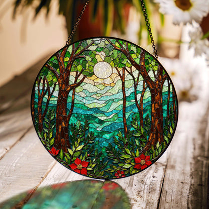Forest Sun Mountain Scene Suncatcher Window Gift for Mom