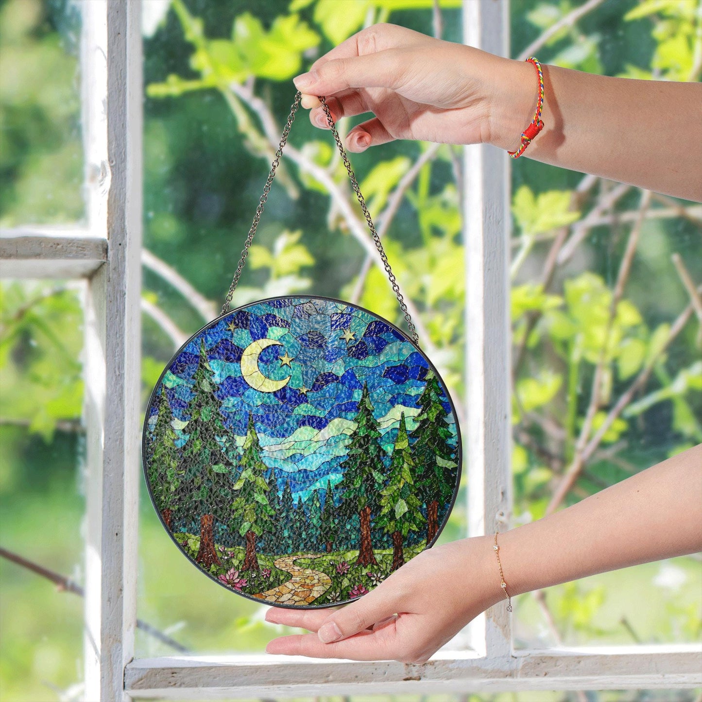 Crescent Moon Forest Night Suncatcher Window Decor Gift for Nature Lover