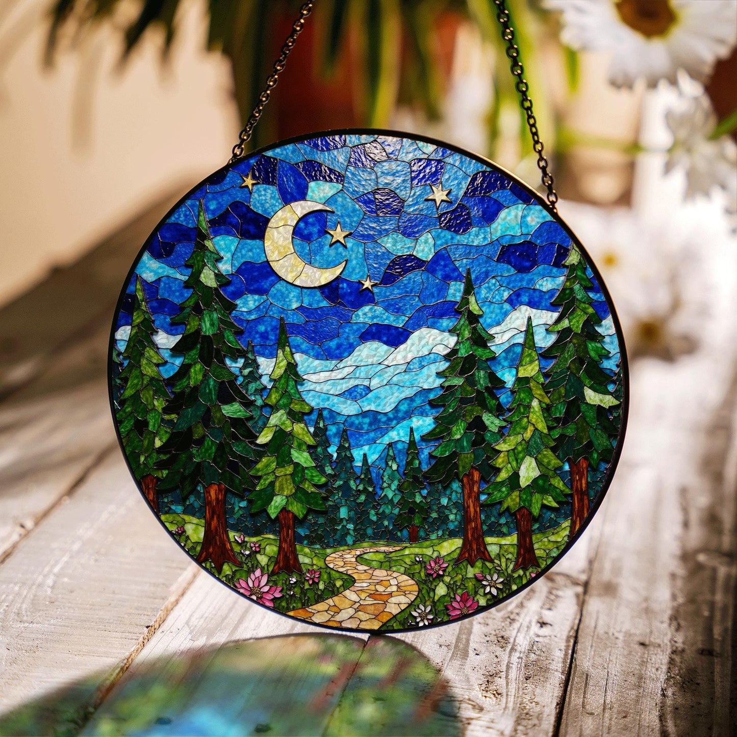 Crescent Moon Forest Night Suncatcher Window Decor Gift for Nature Lover