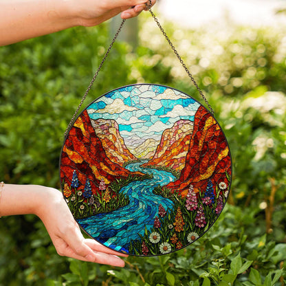 Canyon river wildflower valley suncatcher stained glass window gift for outdoor lovers