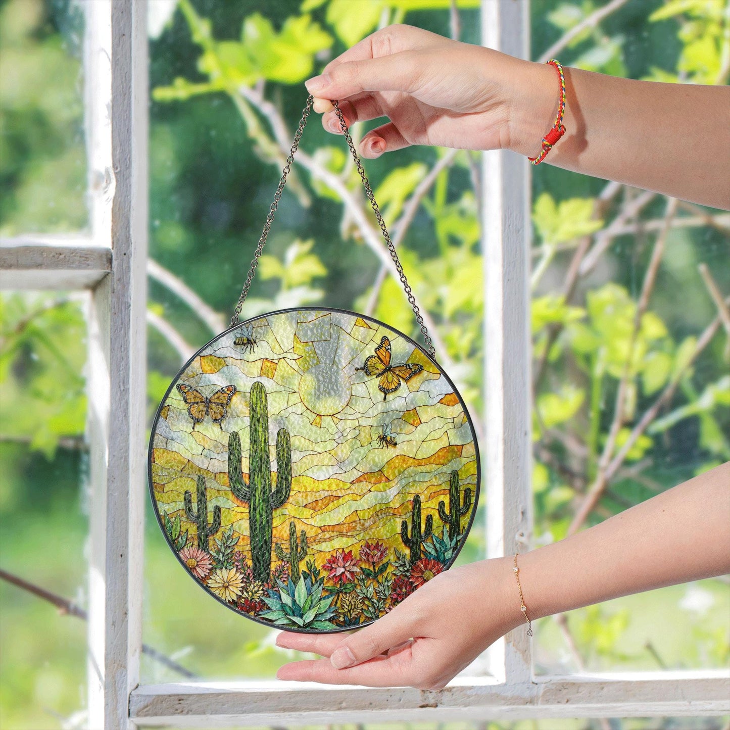 desert cactus butterfly scene stained glass suncatcher handmade sun catcher gift for mom