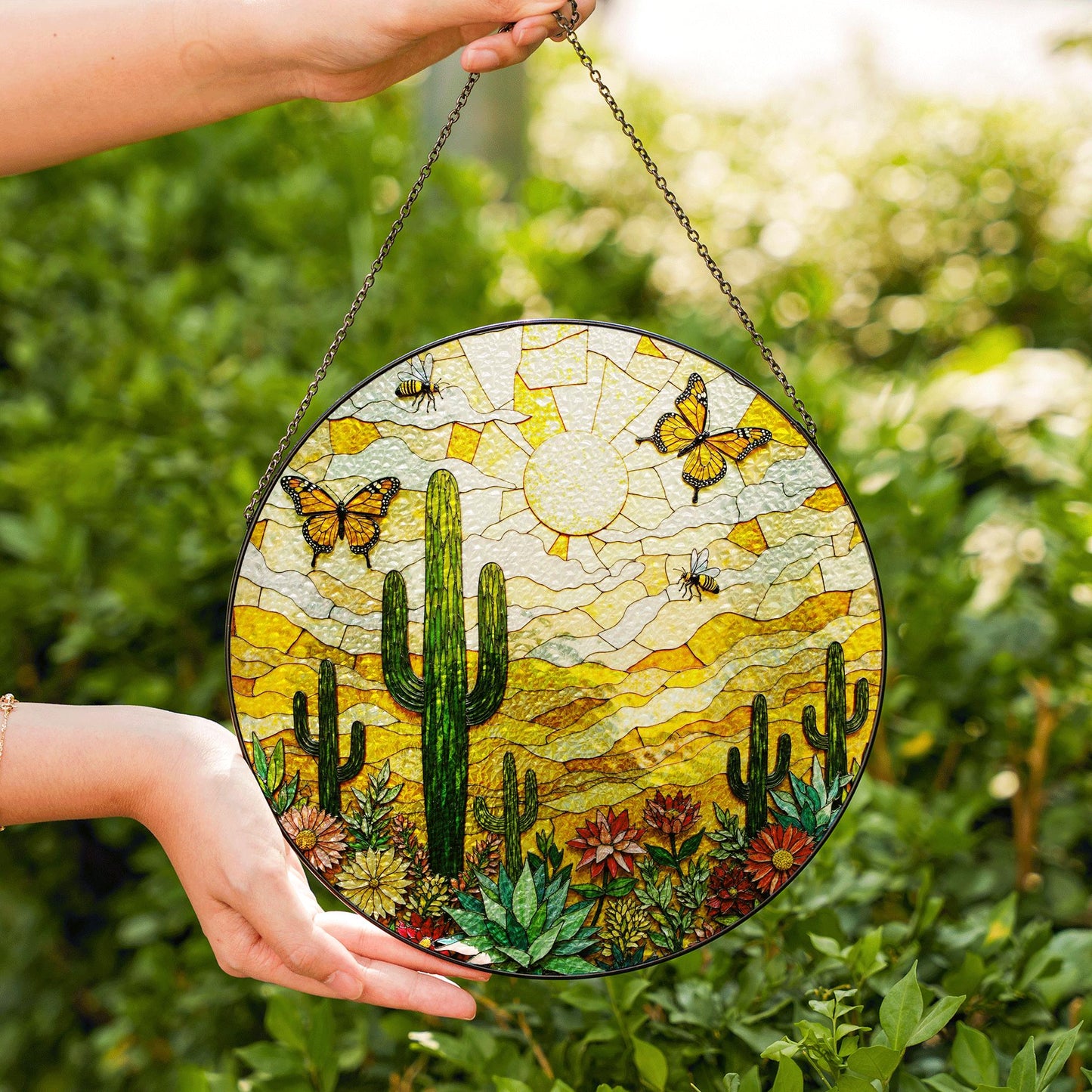 desert cactus butterfly scene stained glass suncatcher handmade sun catcher gift for mom