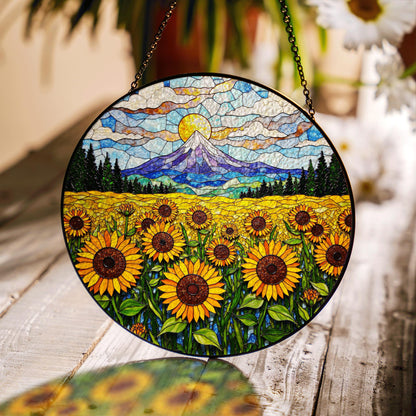Sunflower Field Mountain Landscape Suncatcher Handmade Glass Window Decor Gift for Mom