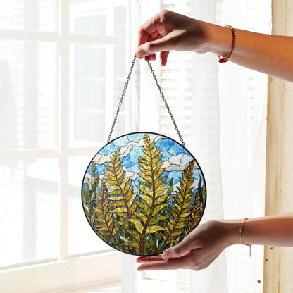 Forest Fern Leaves Stained Glass Suncatcher Round Window Hanging Nature Inspired Gift for Plant Lover