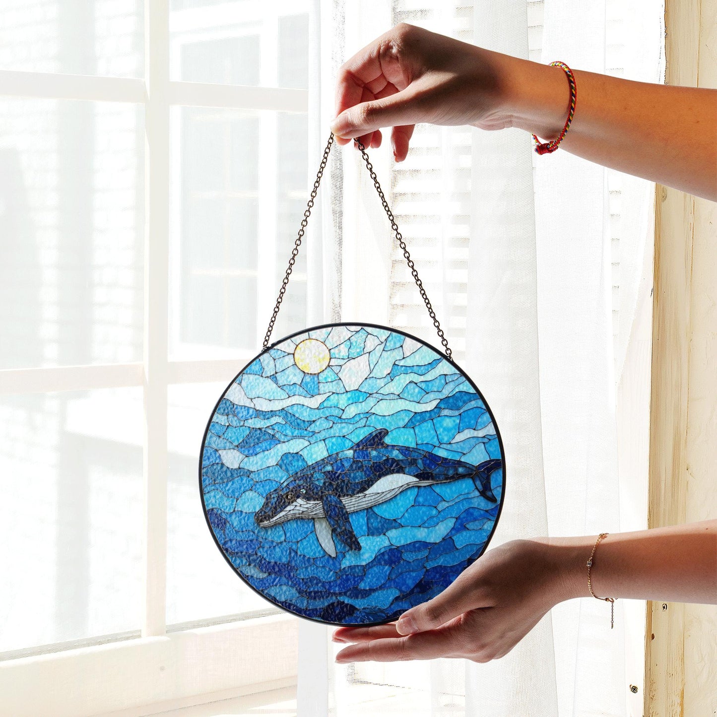 Whale Swimming in Ocean Blue Round Stained Glass Suncatcher Gift for Ocean Lovers