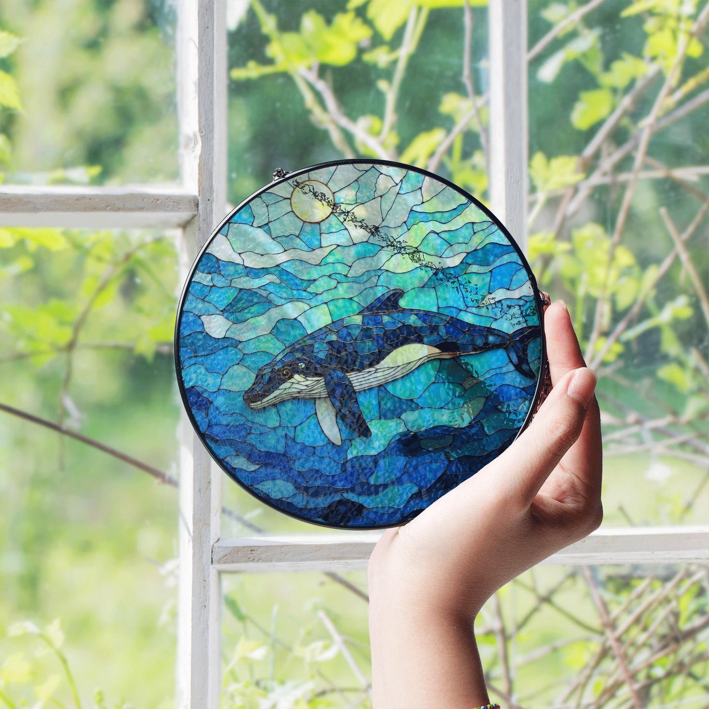 Whale Swimming in Ocean Blue Round Stained Glass Suncatcher Gift for Ocean Lovers
