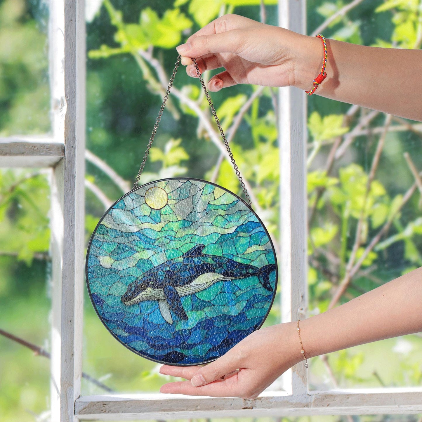 Whale Swimming in Ocean Blue Round Stained Glass Suncatcher Gift for Ocean Lovers
